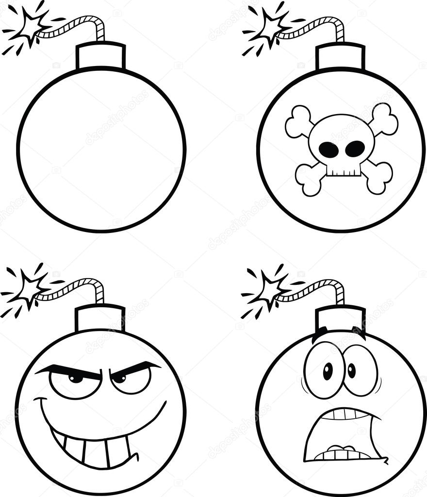 Black and White Bomb Cartoon Characters. Collection Set
