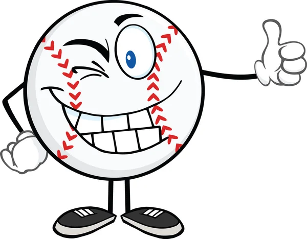 Mascotte de balle de baseball Winking personnage de bande dessinée tenant un pouce vers le haut — Photo