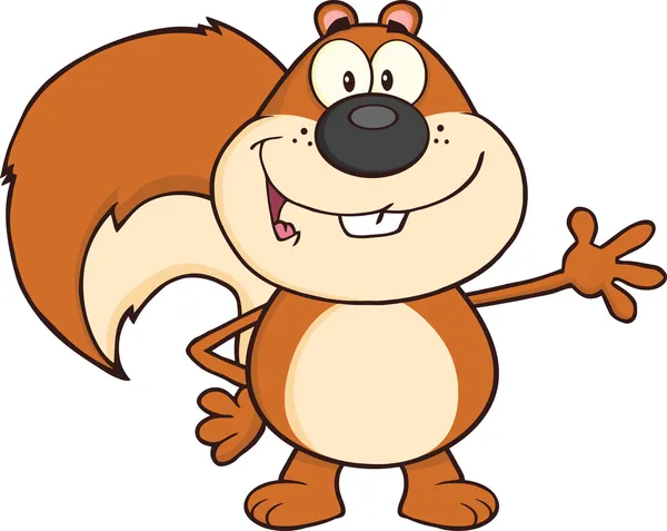 Mosolyogva, mókus karikatúra kabalája karakter integet — Stock Fotó