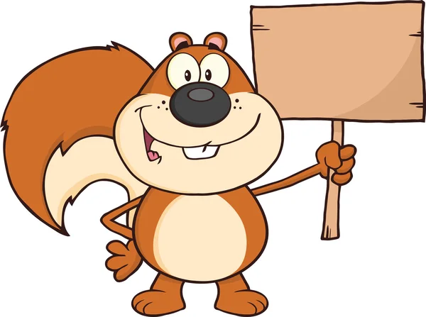 Glücklich Eichhörnchen Cartoon-Maskottchen-Figur hält ein Holzbrett — Stockfoto