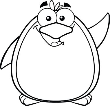siyah-beyaz komik penguen karikatür karakter sallıyor.