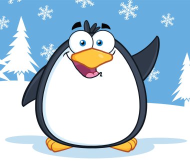 sevimli penguen karikatür karakter sallıyor.