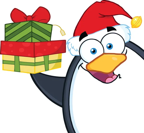 Lachende pinguïn stripfiguur bedrijf in een stapel van geschenken — Stockfoto