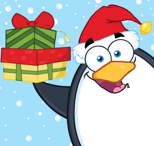 Lächelnde Pinguin-Figur hält einen Stapel Geschenke hoch — Stockfoto