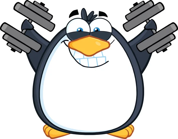 Smiling Penguin Cartoon Character Training With Dumbbells — Stock Photo, Image