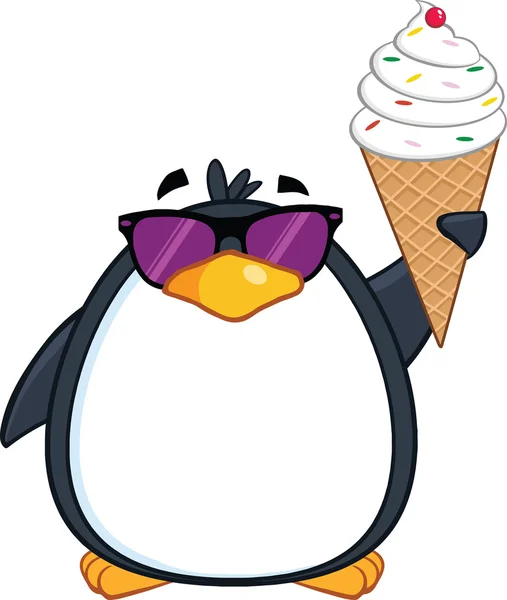 Mignon pingouin avec lunettes de soleil et crème glacée — Photo