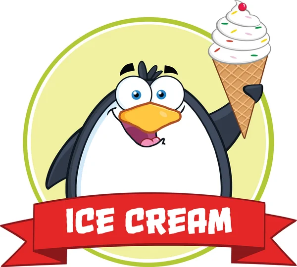 Улыбающийся пингвин с плакатом круга мороженого и текстом — стоковое фото