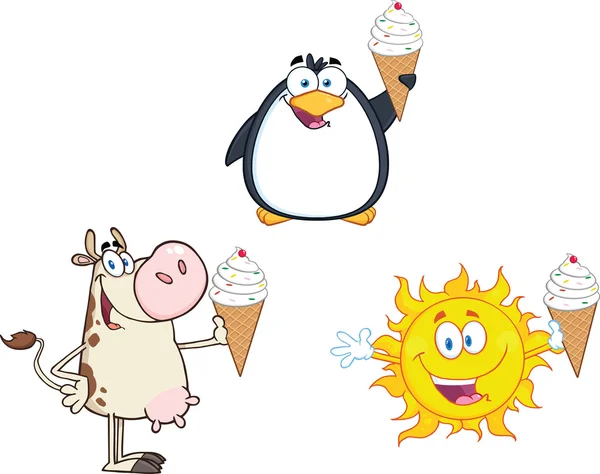 不同的吉祥物持有一份冰淇淋。收藏集 — 图库照片