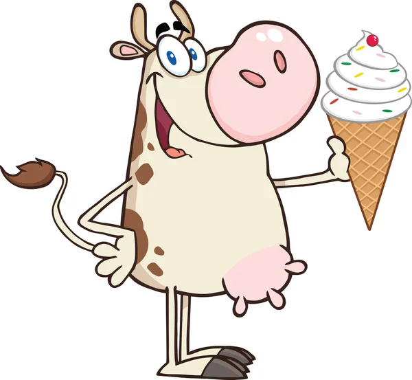 Carácter de la mascota de dibujos animados de vaca feliz sosteniendo un helado — Foto de Stock