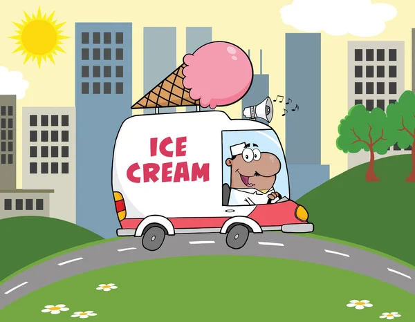 African American Ice Cream Man köra lastbil i stan — Stockfoto