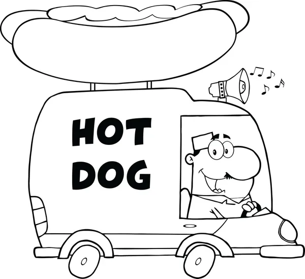 Bianco e nero felice venditore di hot dog guida camion — Foto Stock