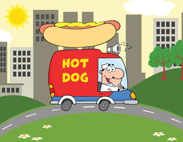 Buon venditore di hot dog guida camion in città — Foto Stock