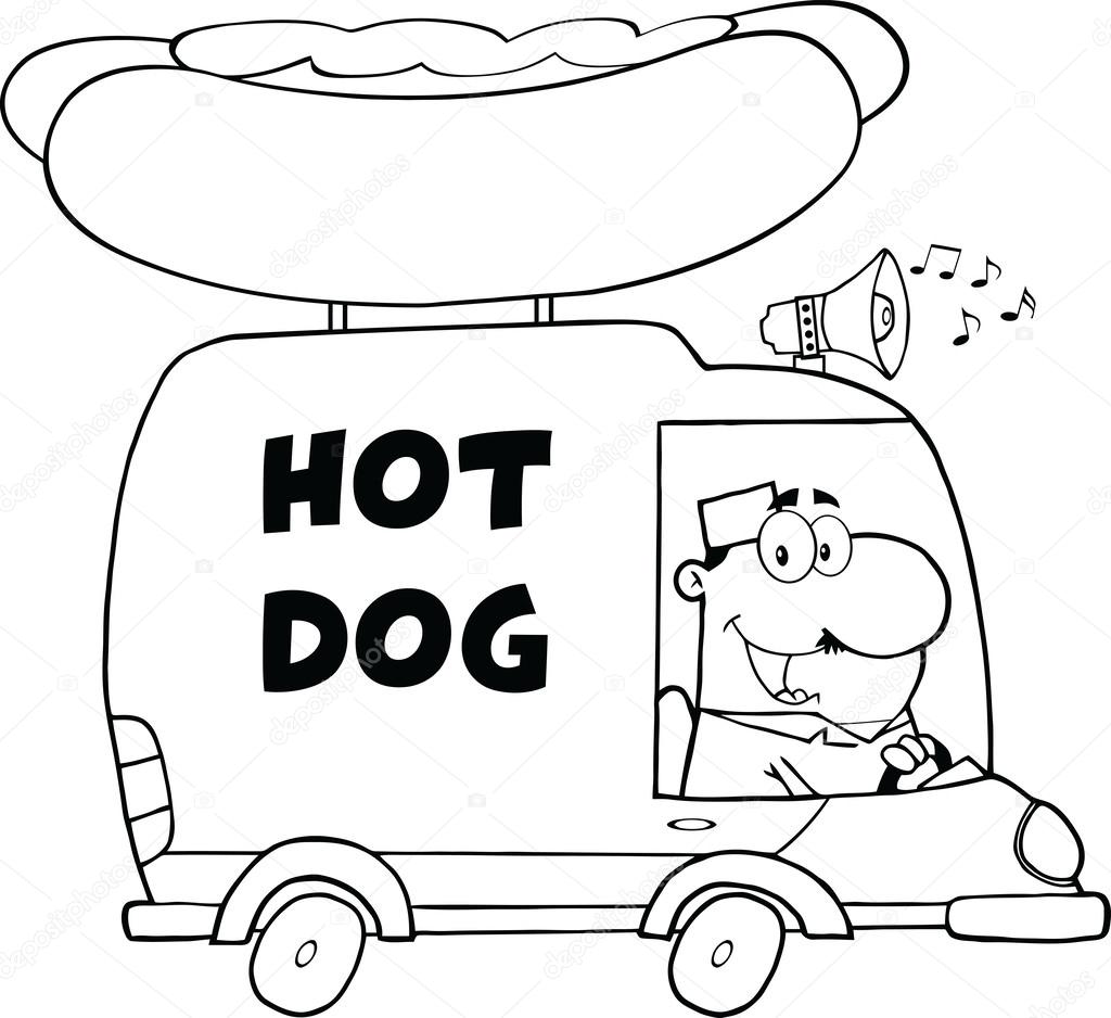 Black And White Happy Hot Dog Vendor Driving Truck
