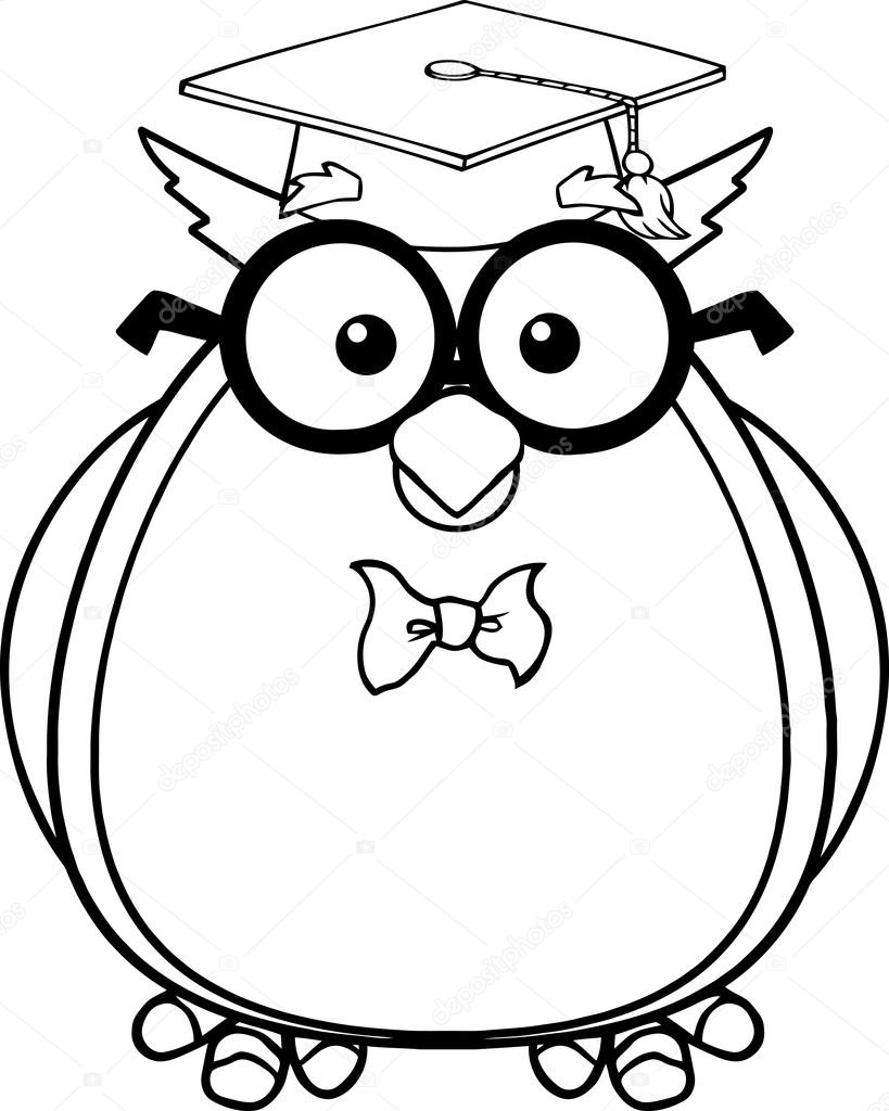 Black And White Wise Owl Teacher Cartoon Character With Glasses