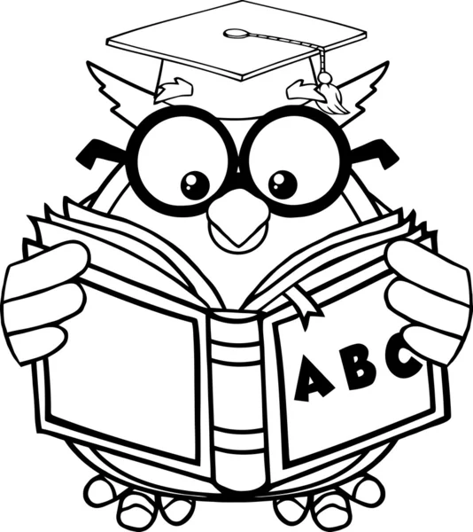 Preto e branco sábio coruja professor cartoon mascote personagem lendo um livro ABC — Fotografia de Stock