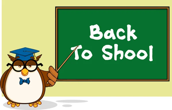 Wise Owl Teacher Cartoon Mascot Character In Front Of School Chalk Board With Text — Stock Photo, Image