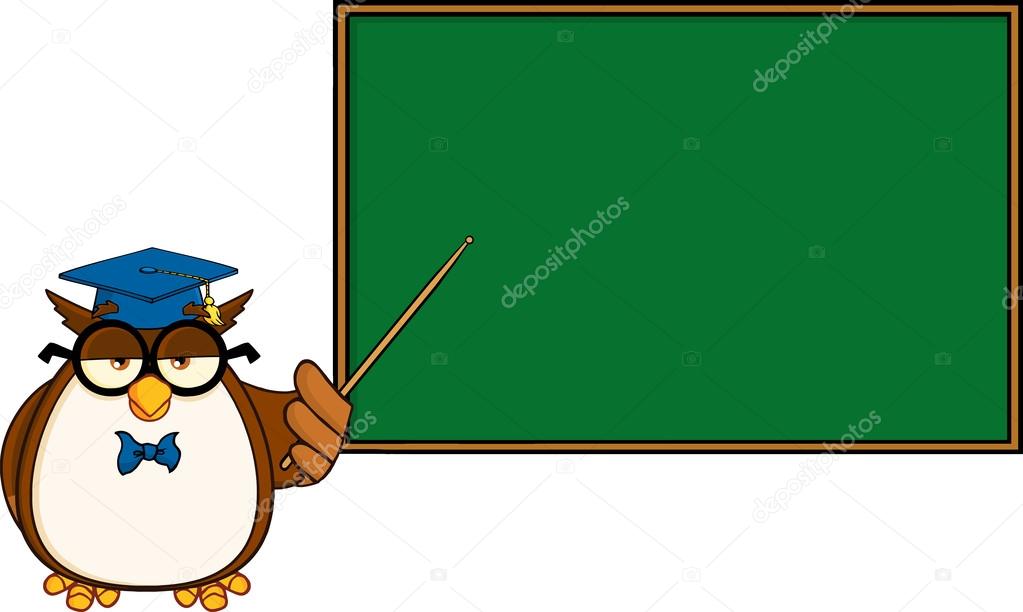 Wise Owl Teacher Cartoon Mascot Character In Front Of School Chalk Board