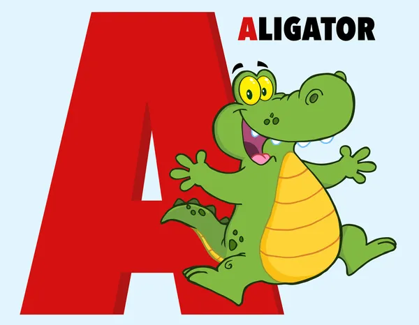 Funny Cartoon Alphabet-A with Alligator and Text — стоковое фото