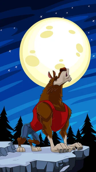 Hombre Lobo Aullando Luna Llena — Vector de stock