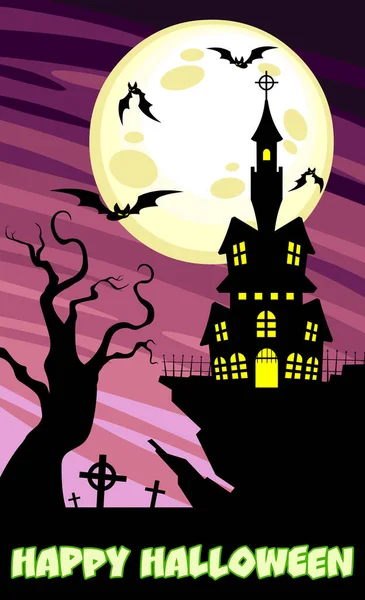 Halloween Grußkarte Mit Geisterhaus Und Mond Vektorillustration — Stockvektor