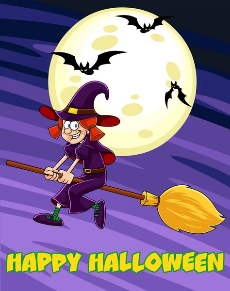 Little Witch Cartoon Character Ride Broomstick 할로윈 래스터 핸드가 텍스트로 — 스톡 벡터