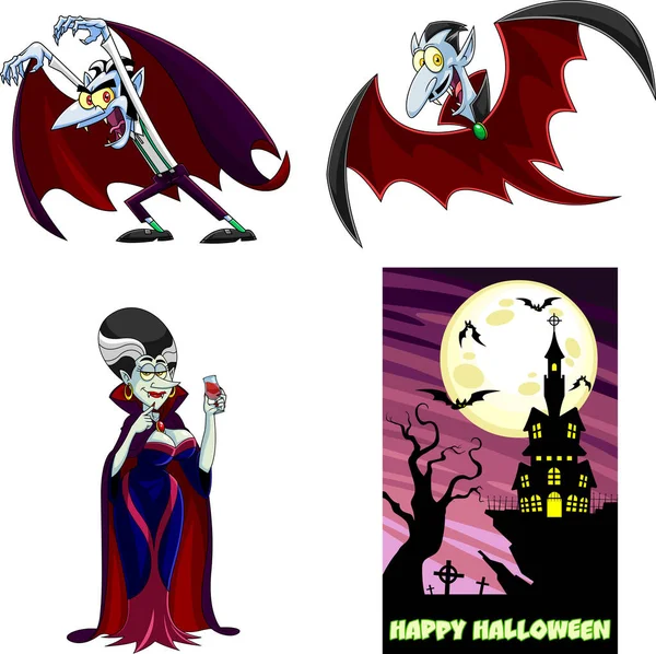 Halloween Personagens Desenhos Animados Vampiros Conjunto Colecção Vectores Isolado Fundo — Vetor de Stock