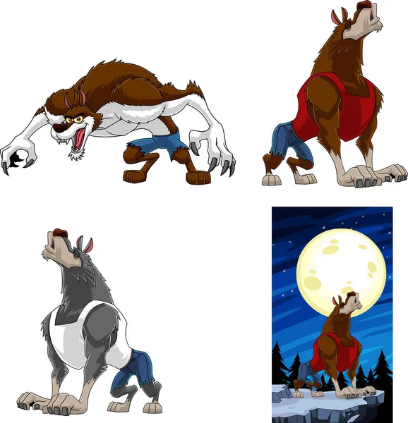 Personajes Dibujos Animados Halloween Hombre Lobo Vector Colección Conjunto Aislado — Vector de stock