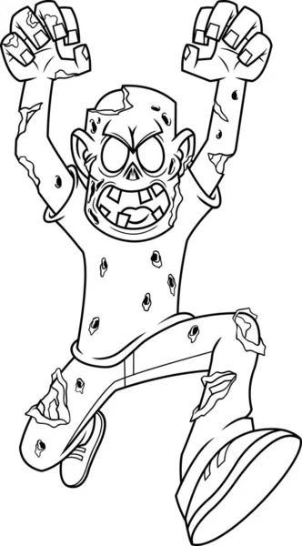 Garis Besar Angry Zombie Karakter Kartun Menyerang Vector Hand Drawn - Stok Vektor