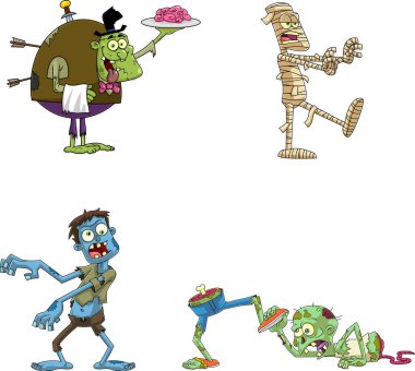 Cadılar Bayramı Çizgi Filmleri Zombisi. Raster Koleksiyon Seti Beyaz Arkaplanda İzole Edildi