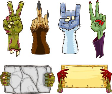 Cadılar Bayramı Çizgi Filmi Zombi Eller. Raster Koleksiyon Seti Beyaz Arkaplanda İzole Edildi