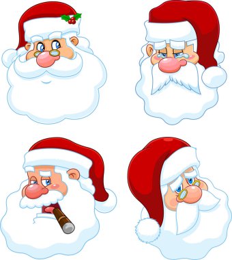 Klasik Noel Baba Yüzlü Çizgi Film Karakterleri. Raster Koleksiyon Seti Beyaz Arkaplanda İzole Edildi