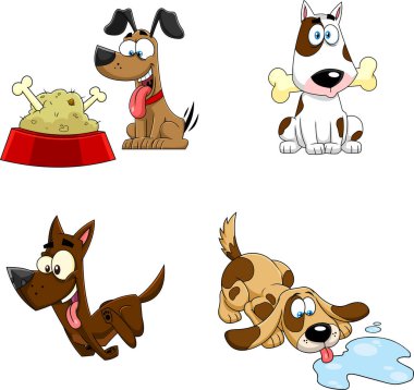 Beyaz arka planda bir grup farklı köpek.