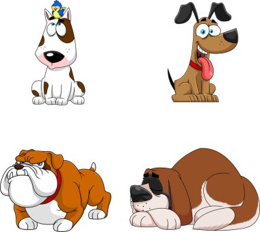 Beyaz arka planda bir grup farklı köpek.