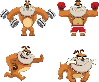 Kahverengi Bulldog Çizgi Film Karakterleri. Raster Hand Çizim Resimleri Şeffaf Arkaplanda İzole Edildi