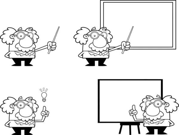 Illustrazione Vettoriale Bianco Nero Dello Scienziato Del Cartone Animato Einstein — Vettoriale Stock