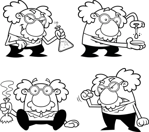 Illustrazione Vettoriale Bianco Nero Dello Scienziato Del Cartone Animato Einstein — Vettoriale Stock