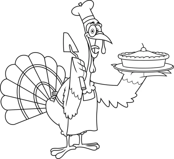 Outline Cute Cartoon Turkey Holding Pie Thanksgiving Concept — Stock Vector