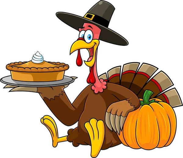 Schattig Cartoon Kalkoen Holding Pie Thanksgiving Concept — Stockvector