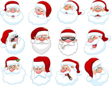 Klasik Noel Baba Yüzlü Çizgi Film Karakterleri. Raster Koleksiyon Seti Beyaz Arkaplanda İzole Edildi
