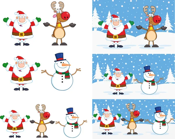 サンタクロース トナカイ 雪だるま漫画のキャラクター 背景付きベクトルコレクションセット — ストックベクタ