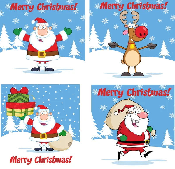 Christmas Greeting Cards Santa Reindeer Cartoon Characters Vector Hand Drawn — Stock Vector