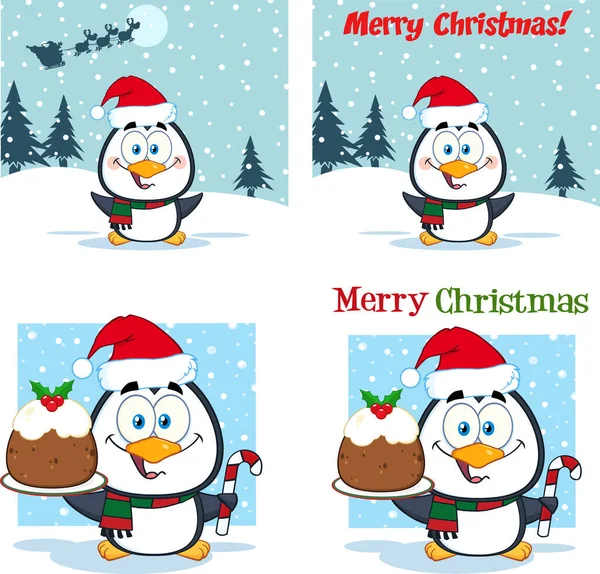 Christmas Greeting Cards Penguin Cartoon Character Vector Hand Drawn Collection — Stock Vector