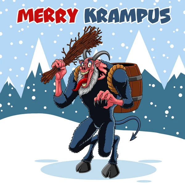 Vector Ilustración Dibujos Animados Krampus Escena Invierno Con Letras Krampus — Vector de stock