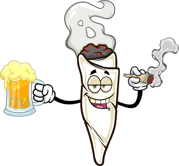 Marijuana Joint Cartoon Character Smoking Holding Mugs Beer Raster Hand — ストックベクタ