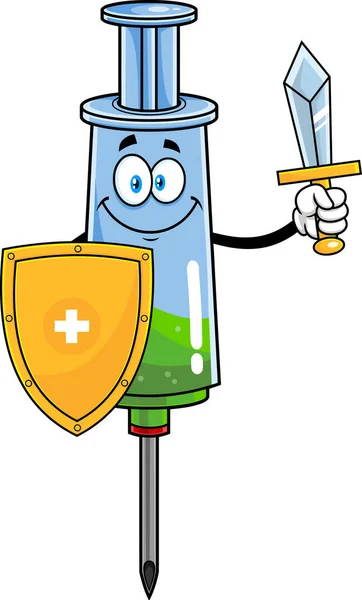 盾と剣を持つ漫画の注射器のキャラクターのベクトルイラスト医学の概念 — ストックベクタ