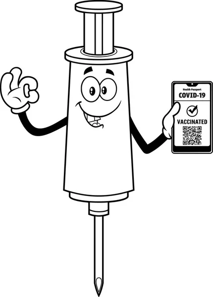 ワクチンパスポート付きの漫画の注射器のキャラクターのベクトルイラスト — ストックベクタ