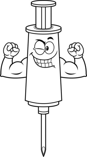 Ilustração Vetorial Personagem Seringa Desenhos Animados Feliz Mostrando Músculos — Vetor de Stock