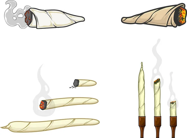 Cartoon Marijuana Cannabis Cigarros Conjunto Colecção Vectores Isolado Fundo Branco — Vetor de Stock