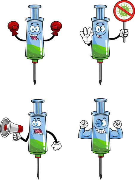 Syringes Vaccine Cartoon Characters Series Vector Collection Set Isolated White — Stock Vector