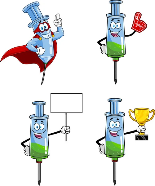 Spuiten Vaccine Cartoon Characters Series Vector Collection Set Geïsoleerd Witte — Stockvector